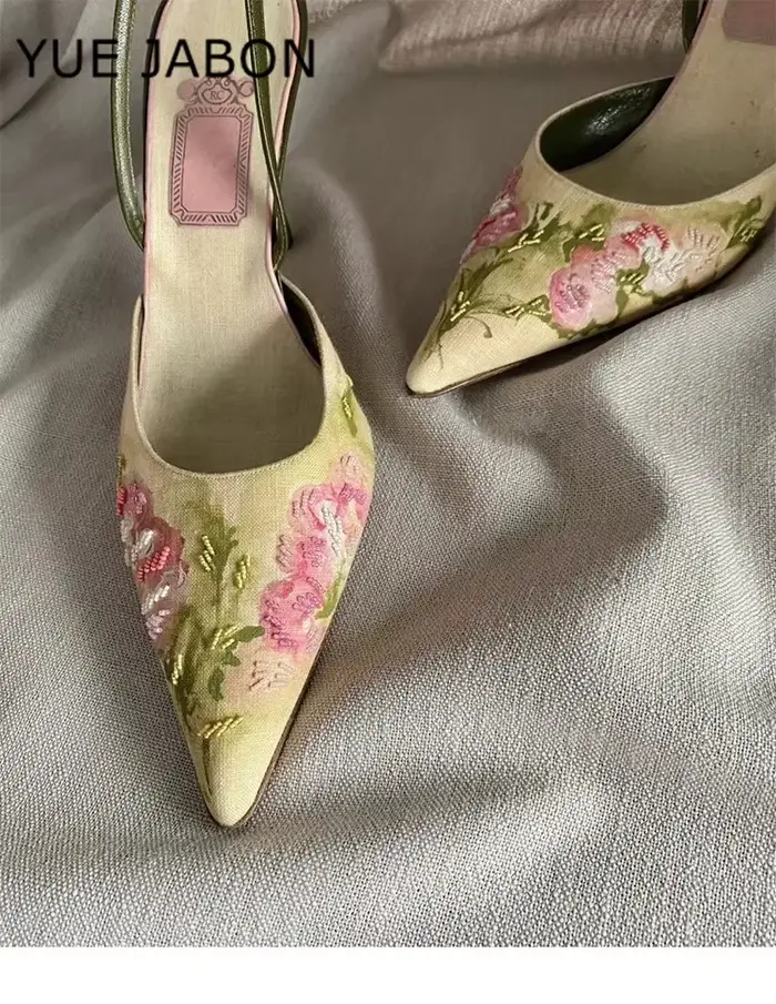 Sandales à Talons Aiguilles Brodées de Fleurs pour Femme, Escarpins Élégants à Talons Hauts, de Chin