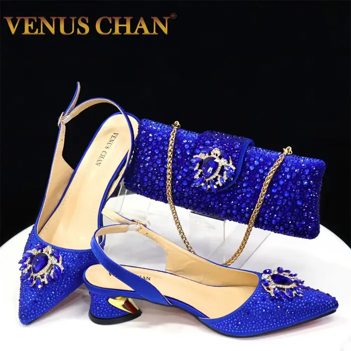Venus Chan-Sandales Bleu Royal pour Femme, Escarpins de Luxe, Talons Temporels, Design Strass, Ensem