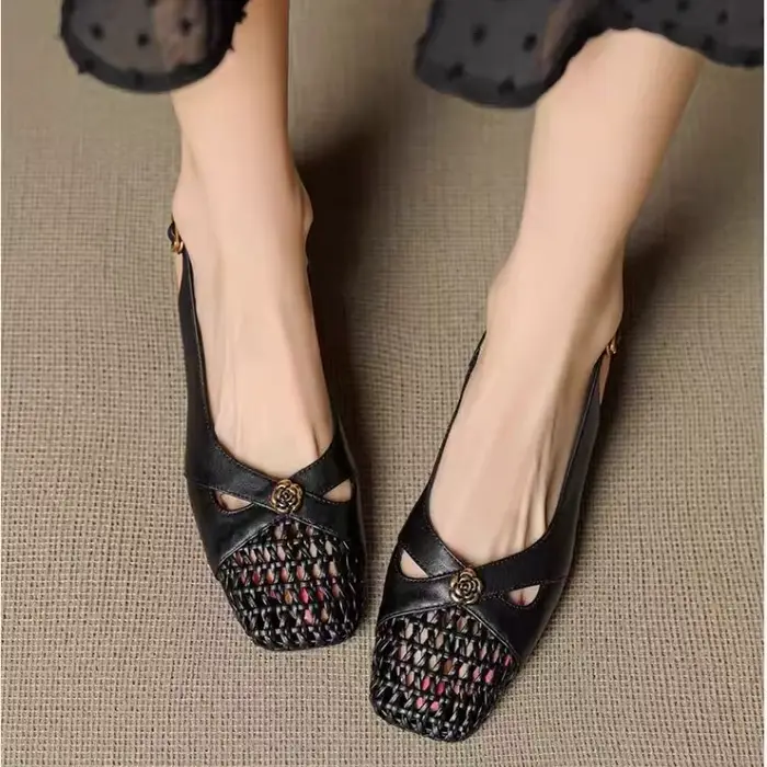 Sandales à bout fermé de style français pour femmes, talon épais, chaussures tissées polyvalentes, p