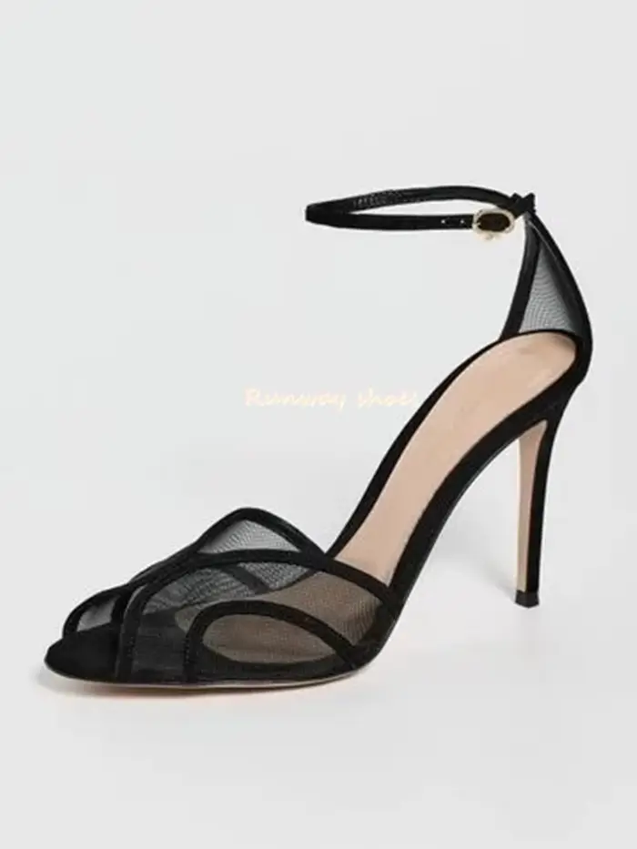 Sandales de luxe pour femmes à bout pointu en forme d'amande, en velours et maille, avec talon aigui