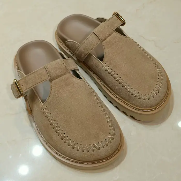 Mules à boucle en daim pour femme 2026, sabots à plateforme à bout rond, chaussures rétro chic pour