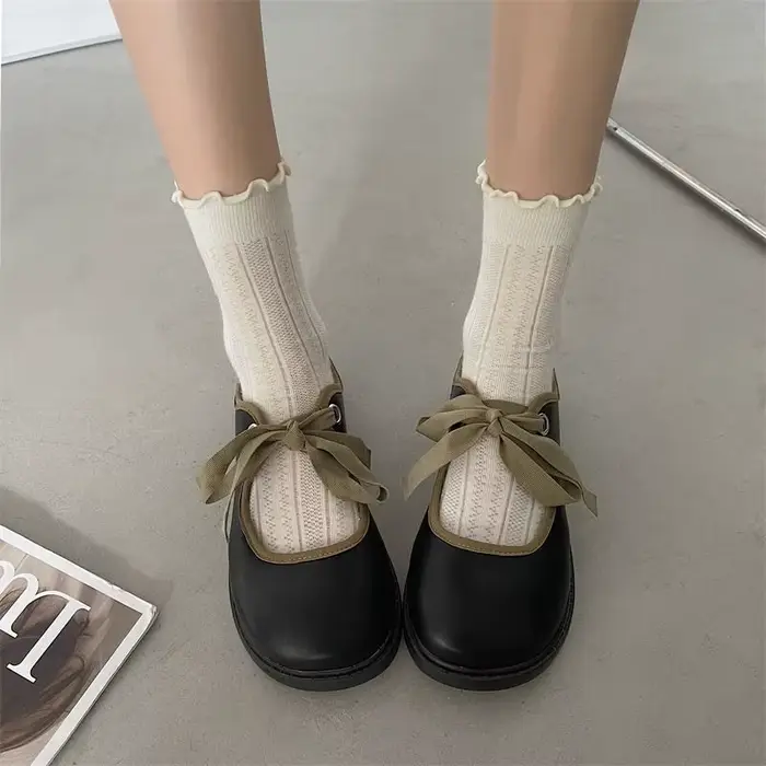 Chaussures Mary Jane à bout rond pour femmes, chaussures rétro à lacets avec nœud, plates, confortab