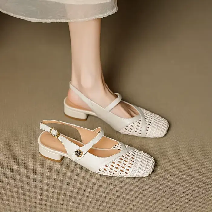 Sandales Femme Bout Fermé Tressé Ajouré Talon Bas Carré Mary Jane Dos Nu Bride Cheville Semelle Soup