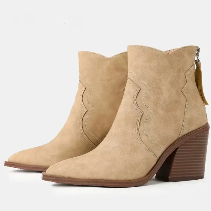 Talons en bois épais bottes femme chaussures en cuir solide bout pointu compensées Botas Feminina Cowboy cheville