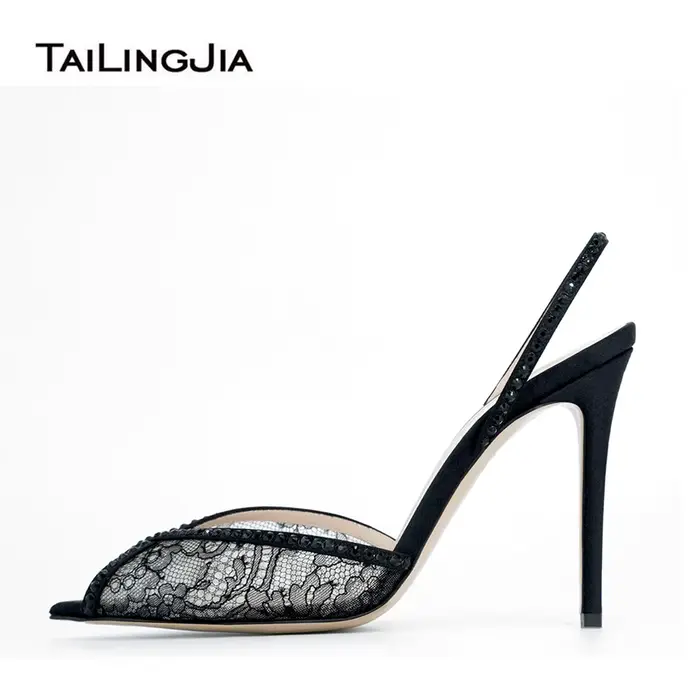 Peep Parker Lace Mesh Stiletto Slingbacks pour femmes, talons hauts pointus, chaussures de luxe