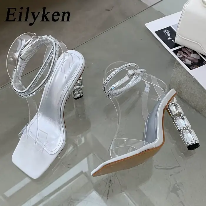 Eilyken été cristal embelli sandales à talons hauts femmes diamant bout ouvert bride à la cheville soie Satin strass chaussures de Banquet