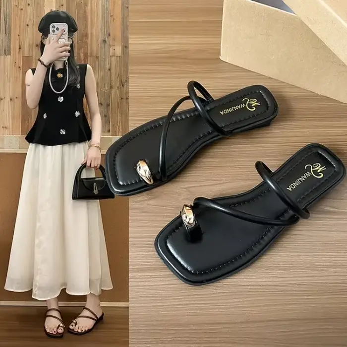 Sandales d'été pour femmes, tongs à décor métallique, chaussures à talon bas, sandales rétro marron pour femme, pour l'extérieur