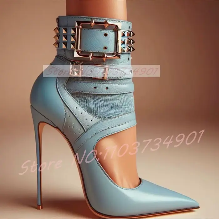 Bottines en cuir bleu pour femmes, sandales découpées avec sangle à boucle cloutée, bout pointu, tal