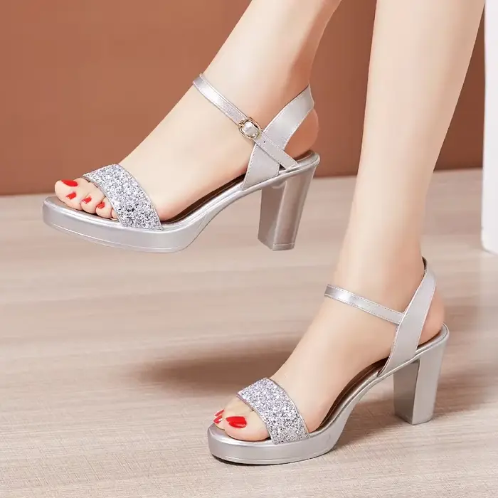Sandales de mariée à plateforme argentées scintillantes, petites tailles 32-43, 8 10 13 cm, talons h