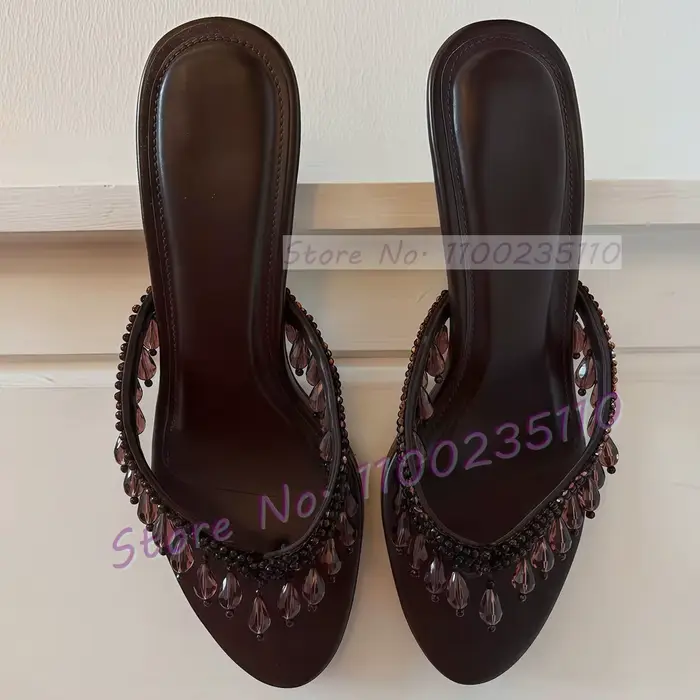 Mules à talons hauts pour femme, style Crystal Drop Heels, avec pendentif scintillant et perles, élé