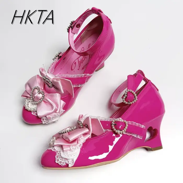 Chaussure compensée imprimée série Gal chaussures à talons creux saveur ancienne japonaise Lo chaussures nœud Punk Lolita perles amour Mary Jane chaussure