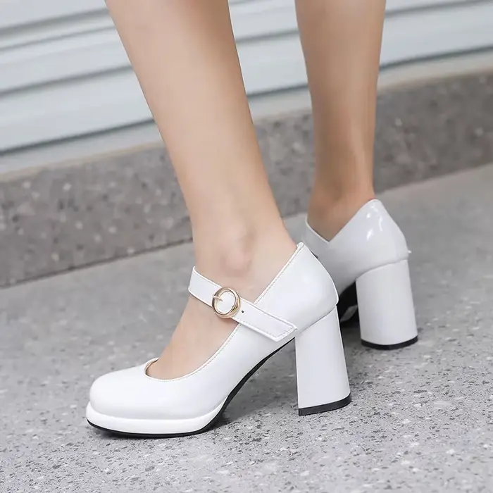 PU cuir verni vert bleu marine bout fermé dames matures pompes de bureau boucle sangle Vintage femmes Mary Janes chaussures bloc talons