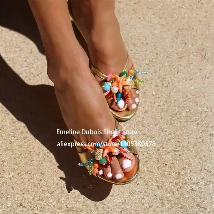 Sandales à talons hauts en forme d'étoile de mer et coquillage, mules à talons aiguilles perlées colorées, chaussures d'été pour femme pour la plage, les fêtes et les vacances