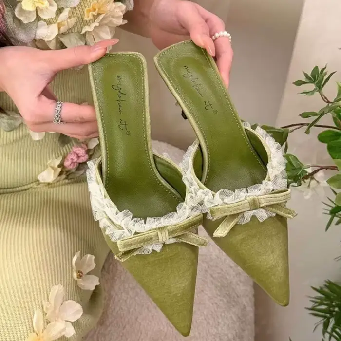 Baotou – Demi-chaussons à talons hauts en dentelle française et velours avec nœud