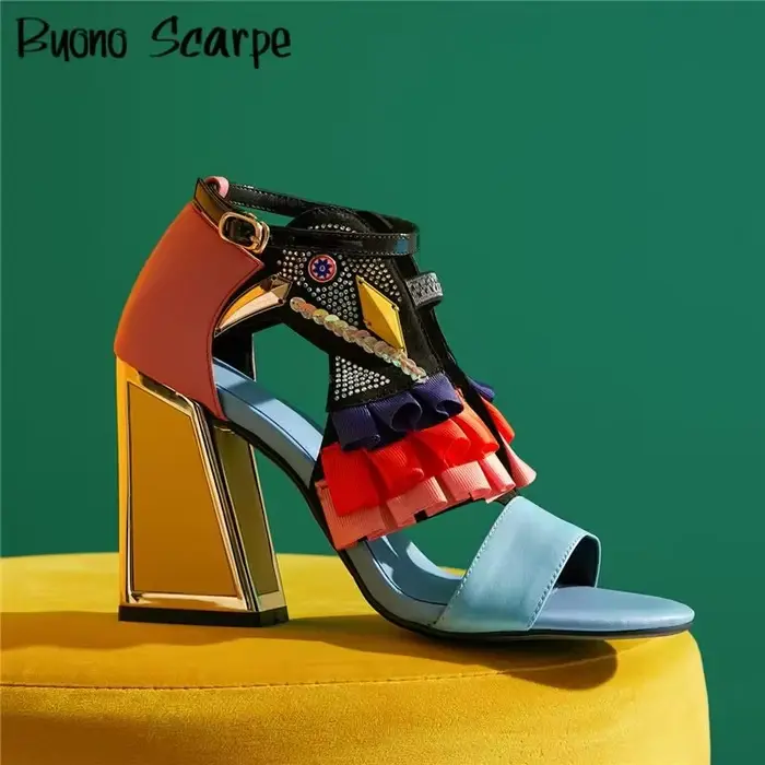 Sandales à Talons Épais et Strass pour Femme, Chaussures d'Été Assorties avec Ceinture, Nouvelle Col
