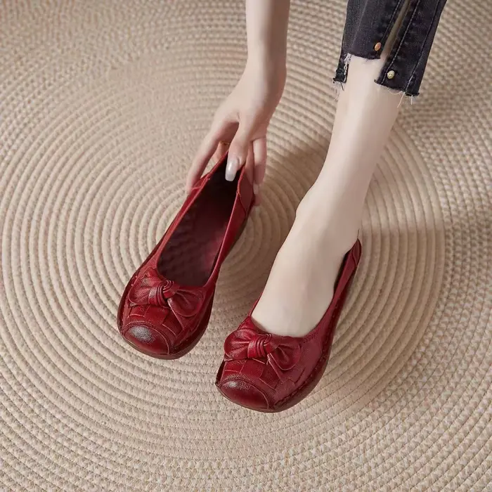Mocassins rouges rétro pour femmes, chaussures plates en cuir véritable, respirantes, souples et déc