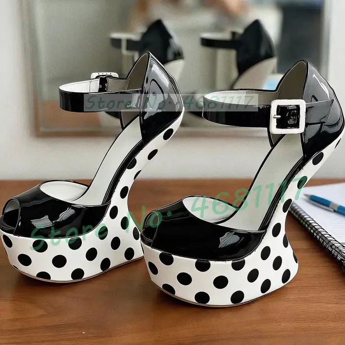 Sandales à plateforme noires à pois pour femme, sexy, à bout ouvert, en cuir verni, avec bride de ch