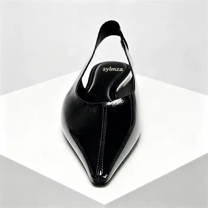 Ballerines en cuir verni noir pour femmes, sandales plates Sexy à bout pointu, Slingback en cuir souple, chaussures de bureau confortables pour femmes