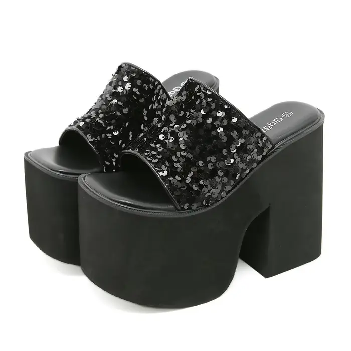 Sandales à talon épais Gdgydh pour femmes, noires, à plateforme, bout ouvert, talons hauts, pantoufl