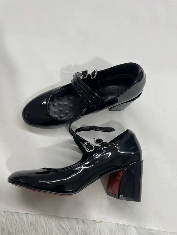 Sandales à talons épais Mary Jane à fond rouge pour femmes, chaussures d'été en cuir verni avec sang
