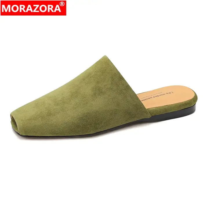 MORAZORA – mules en cuir suédé pour femmes, pantoufles plates à bout ouvert, chaussures décontractée