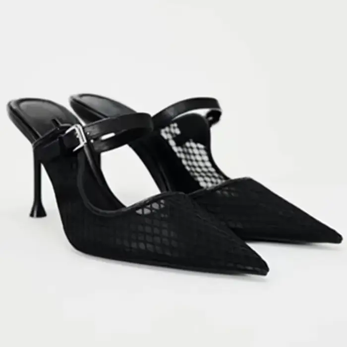 Sandales à talons hauts en maille noire pour femmes, chaussures Sexy à bout pointu, Mules respirante