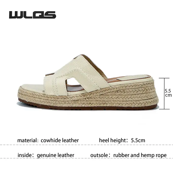 WLQS Sandales Femme en Cuir Véritable avec Semelle en Corde de Jute