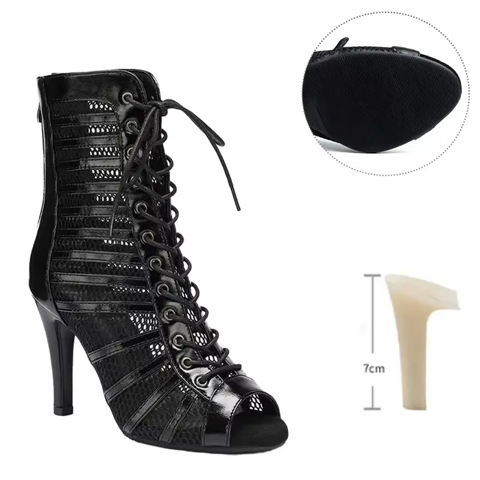 Cuir noir femmes talons hauts fins 9.5cm confort à lacets botte salle de bal semelle en daim talons 