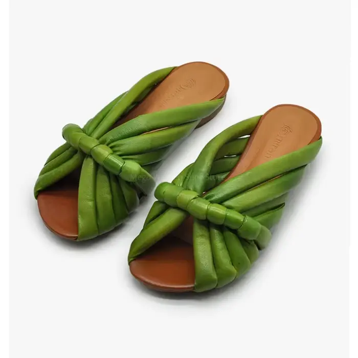 Sandales mules à nœud froncé pour femme, en cuir souple, à bout ouvert, à talon bas, beige et vert,