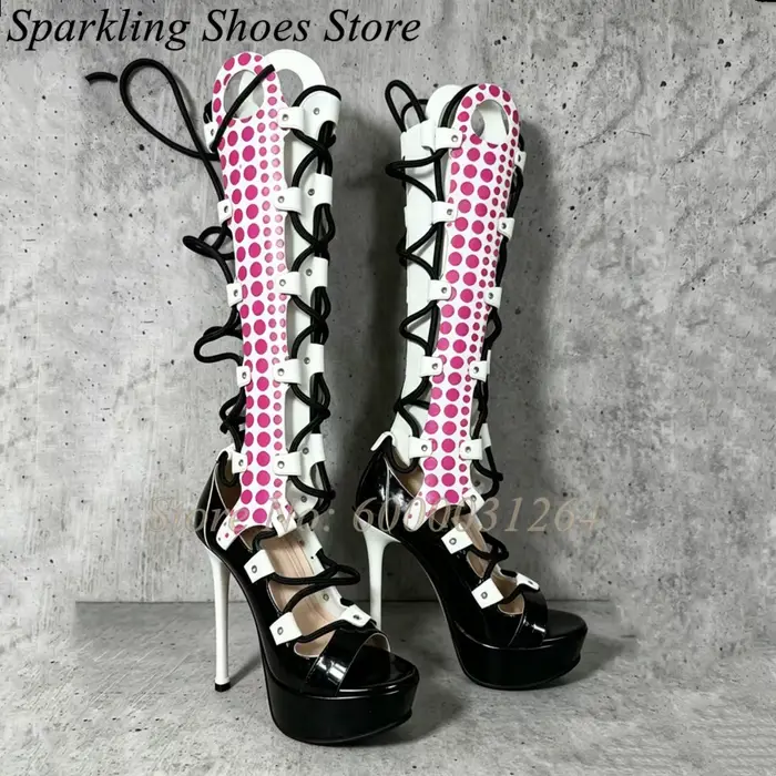 Bottes d'été vintage multicolores style gladiateur à talons aiguilles, plateforme à lacets, style ro