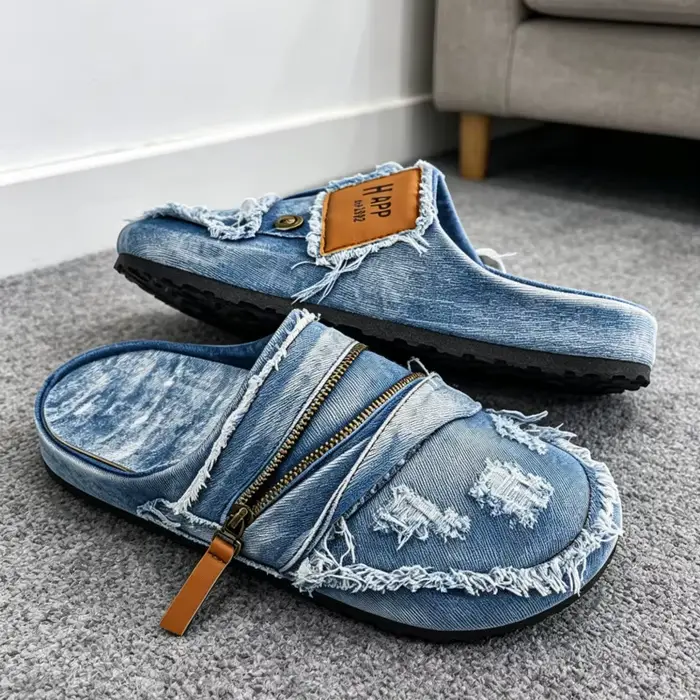 Mules en denim bleu clair avec bords effilochés