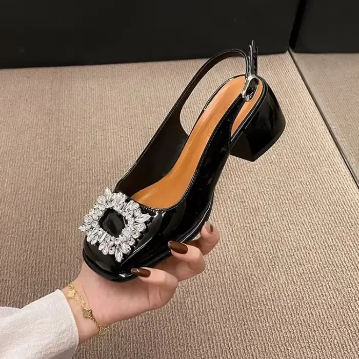 Baotou-Sandales d'Été à Tête Carrée pour Femme, Nouvelles Sandales Françaises Rétro, Diamant d'Eau, ConstruBack Hollow Optics Heel Sandals Large 42