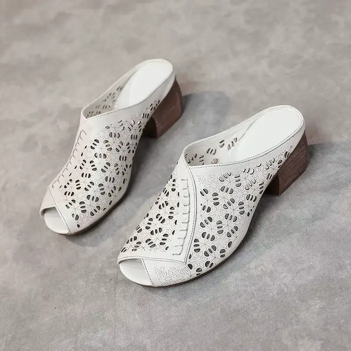 Pantoufles à talons et bout ouvert pour femmes, pantoufles basses, diapositives hautes en cuir vérit