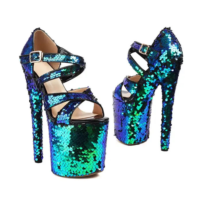 Sandales pour femmes à talons hauts brillants, bout ouvert, sexy, pour soirée, mariage, chaussures de mariée, sandales de danse à plateforme avec boucle croisée 197-3