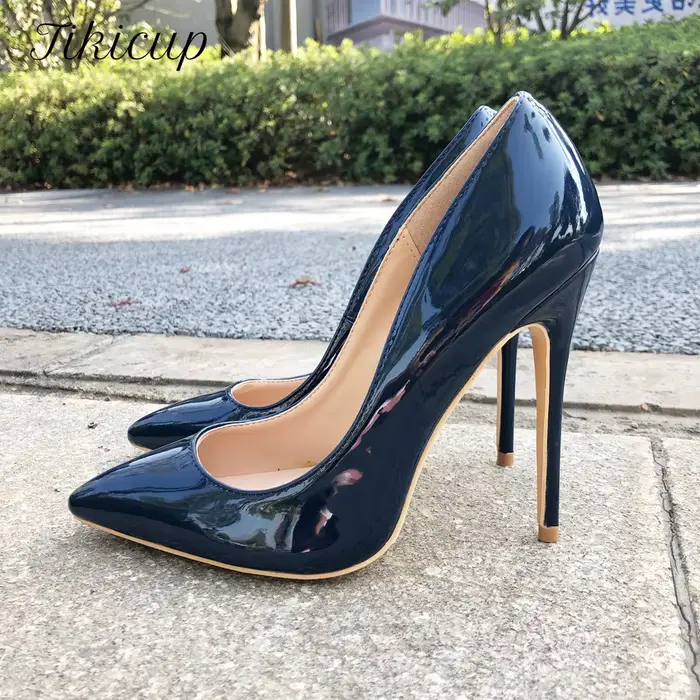 Tikicup femmes bleu marine brevet pompes coupe basse bout pointu talons aiguilles dames élégantes formelles sans lacet