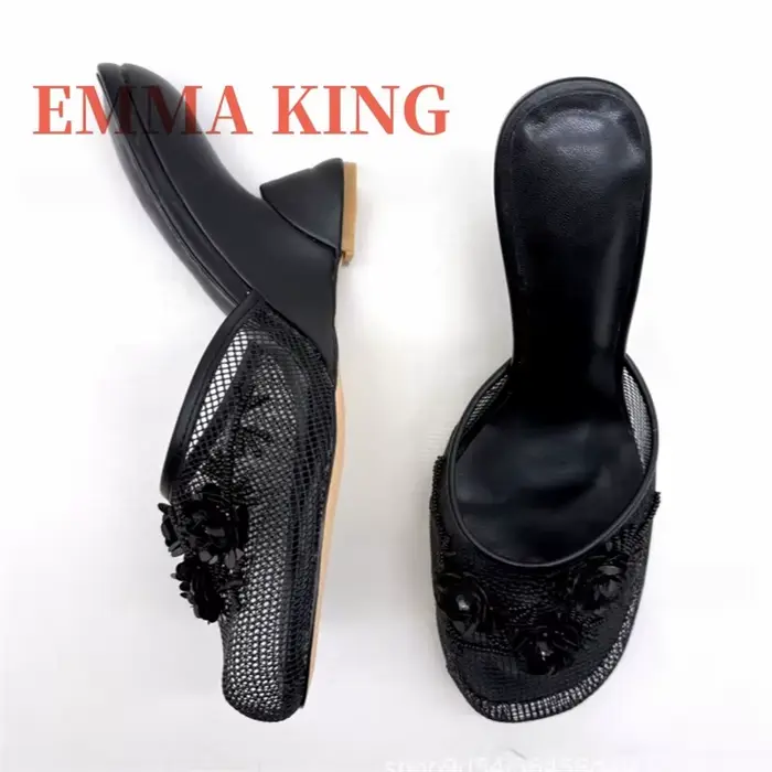 Mules élégantes à talons compensés en maille pour femmes, pantoufles brodées de fleurs à sequins 3D,