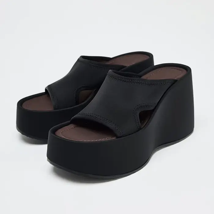 Mules compensées noires chic pour femme, à bout ouvert, à enfiler, sandales à talon haut pour les so