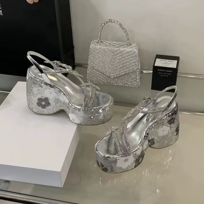 13cm Sandales à talons compensés Femme paillettes talon plate-forme chaussures été nœud ceinture