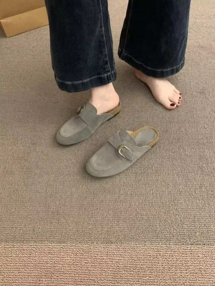 Mules vintage françaises en daim à bout fermé pour femmes