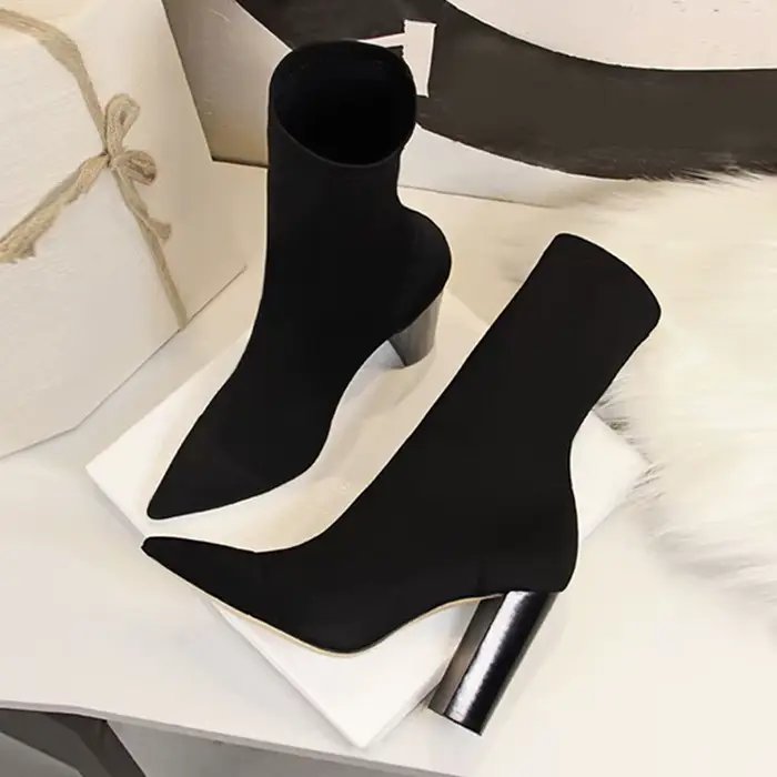 Taille 42 43 femmes bottines carrés talons hauts pompes automne mode confort tissu extensible chaussette botte Femme robe de soirée chaussures
