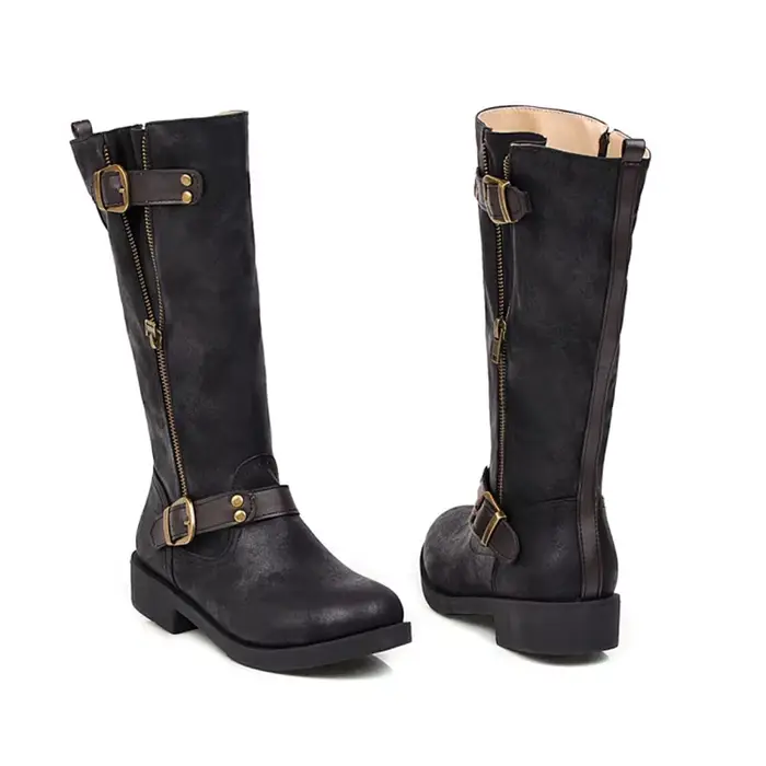 Bottes mi-mollet pour femmes bout rond talons épais fermeture éclair intérieure printemps automne hiver mode dames noir marron plate-forme botte longue D-52