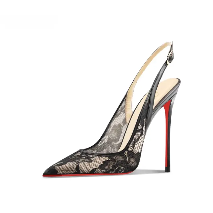 Sandales à talons hauts en dentelle noire à bout pointu