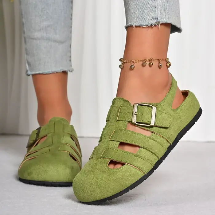 Sandales d'été pour femmes en daim, style pêcheur, plates, romaines, à boucle, découpées, décontract