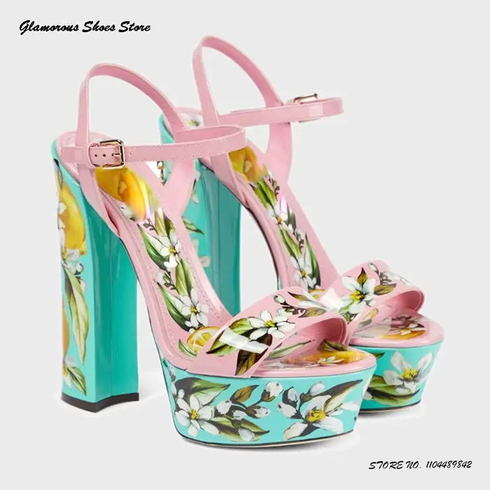 Sandales à plateforme de Style vacances bohème pour femmes, chaussures de soirée à talons hauts en cuir avec sangle à boucle imprimée, bout rond et ouvert, talon épais