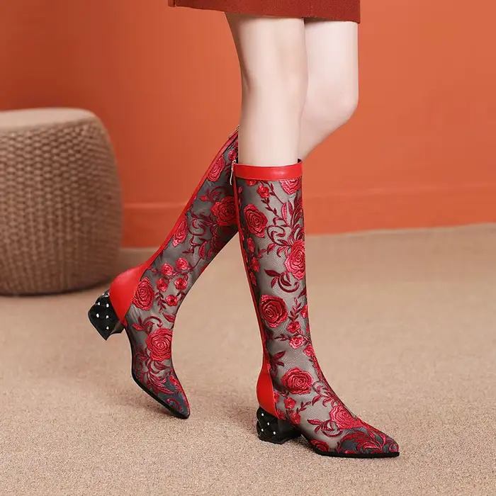 FHC-Bottes Sandales Hautes au Genou pour Femme, Chaussures en Maille, sulfBotas en Dentelle Brodée d