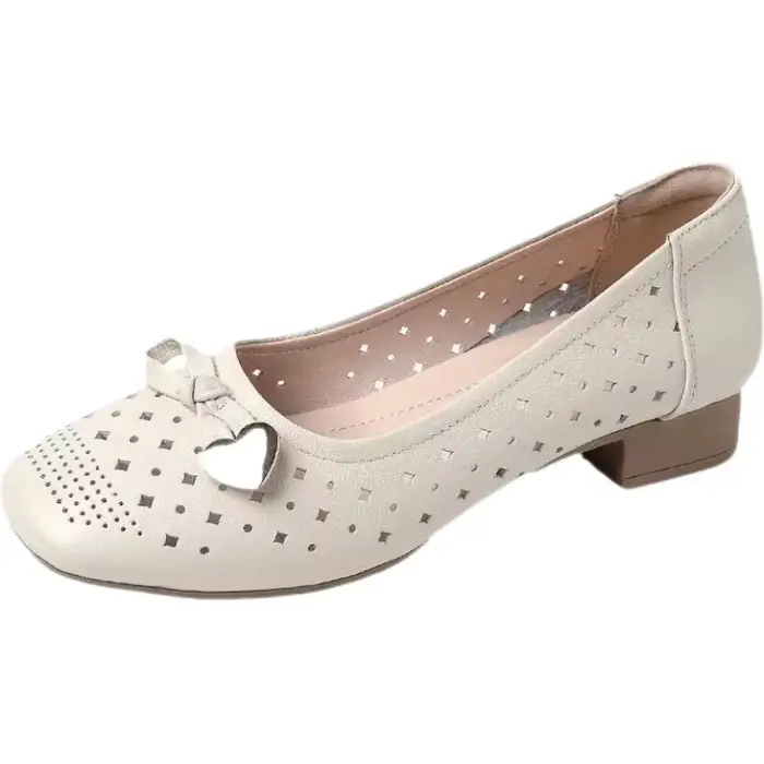 Chaussures en cuir ajouré à talons bas pour femmes, semelle souple, respirantes, légères, bout rond,