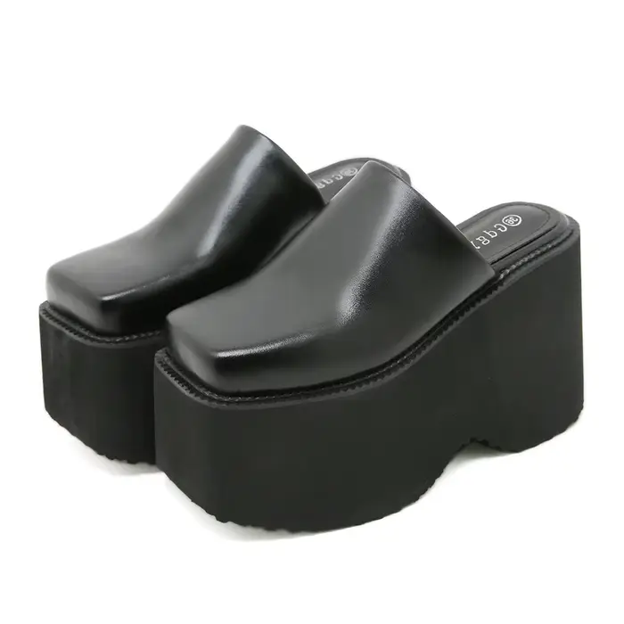 Gdgydh Mules à plateforme à bout carré pour femmes, mocassins noirs à enfiler, talons épais, chaussu