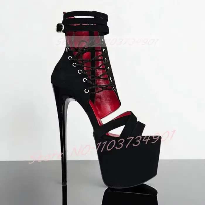 Sandales à talons aiguilles noires et sexy pour femmes, enveloppe de cheville, boucle à lacets, bout