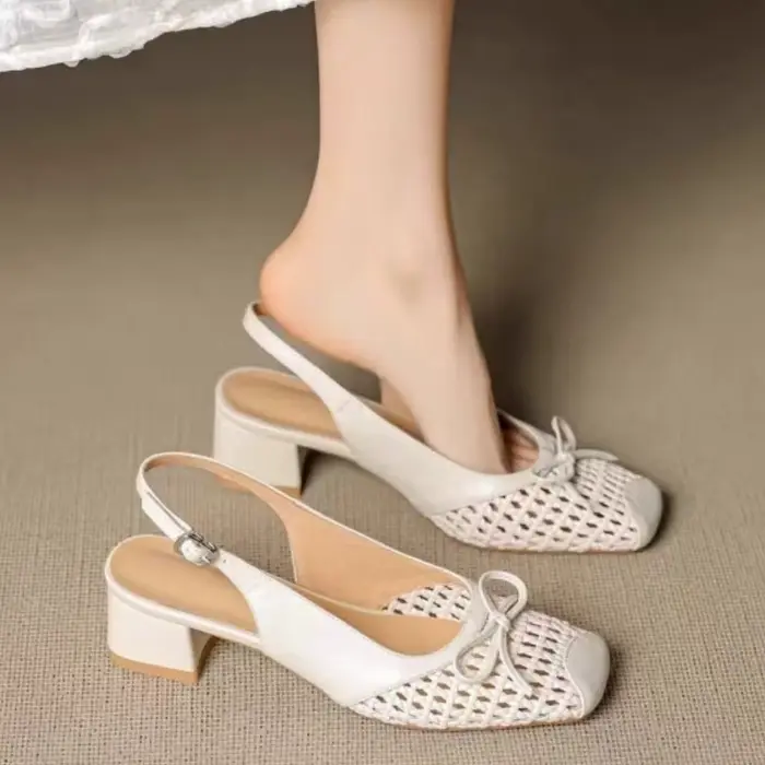 Baotou chaton talon chaussures femmes été nouveau noeud papillon tissé découpe bout carré bouche peu