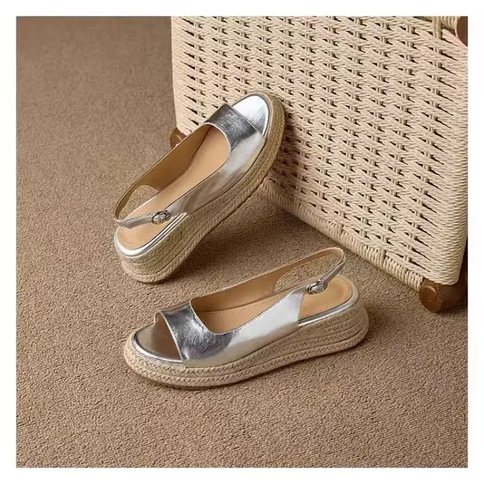 Sandales en paille à bout rond pour femmes, sandales à bout ouvert en paille compensée surélevée